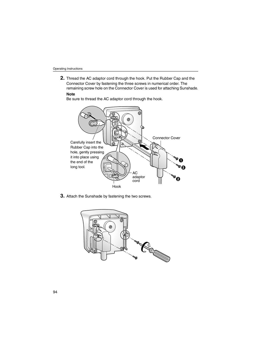 Panasonic KX-HCM230 operating instructions Be sure to thread the AC adaptor cord through the hook 