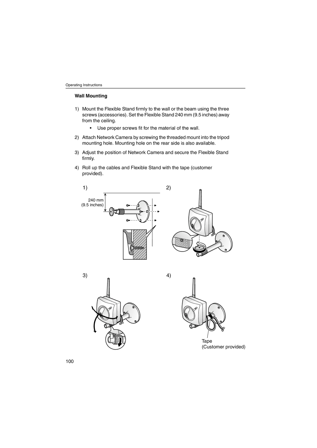 Panasonic KX-HCM250 operating instructions Wall Mounting, Tape Customer provided 100 