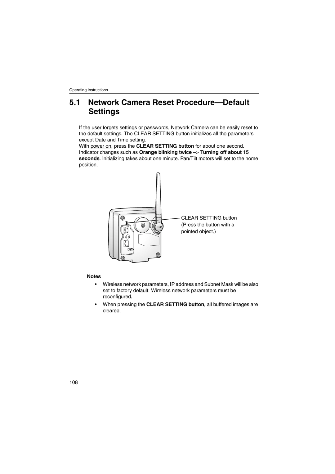 Panasonic KX-HCM250 operating instructions Network Camera Reset Procedure-Default Settings 