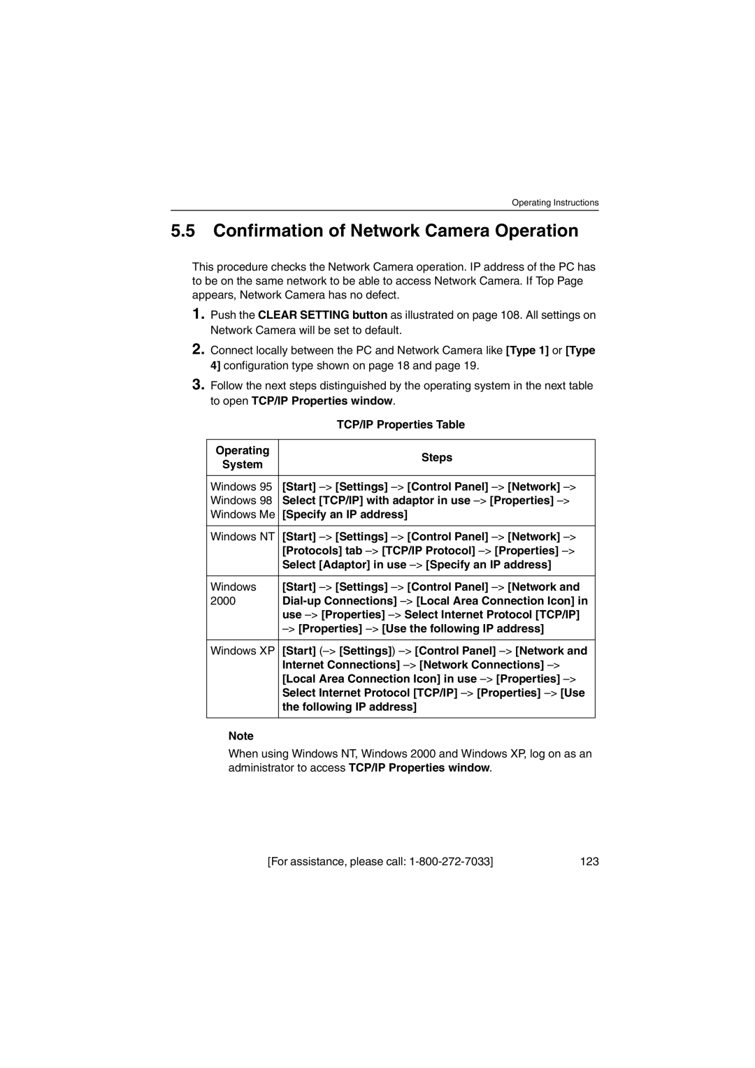 Panasonic KX-HCM250 operating instructions Confirmation of Network Camera Operation, TCP/IP Properties Table 