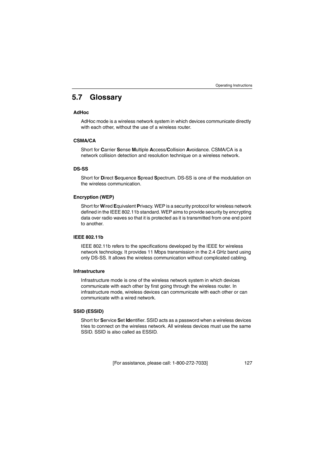 Panasonic KX-HCM250 operating instructions Glossary, AdHoc, Encryption WEP, Ieee 802.11b, Infrastructure 