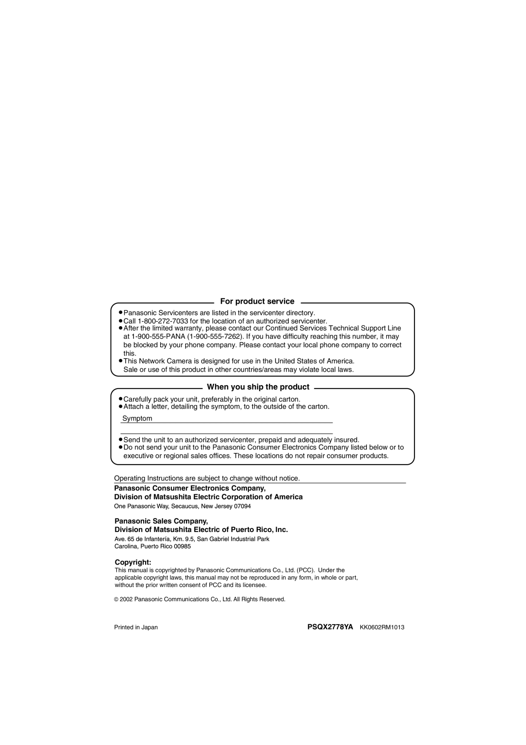 Panasonic KX-HCM250 operating instructions For product service, When you ship the product 