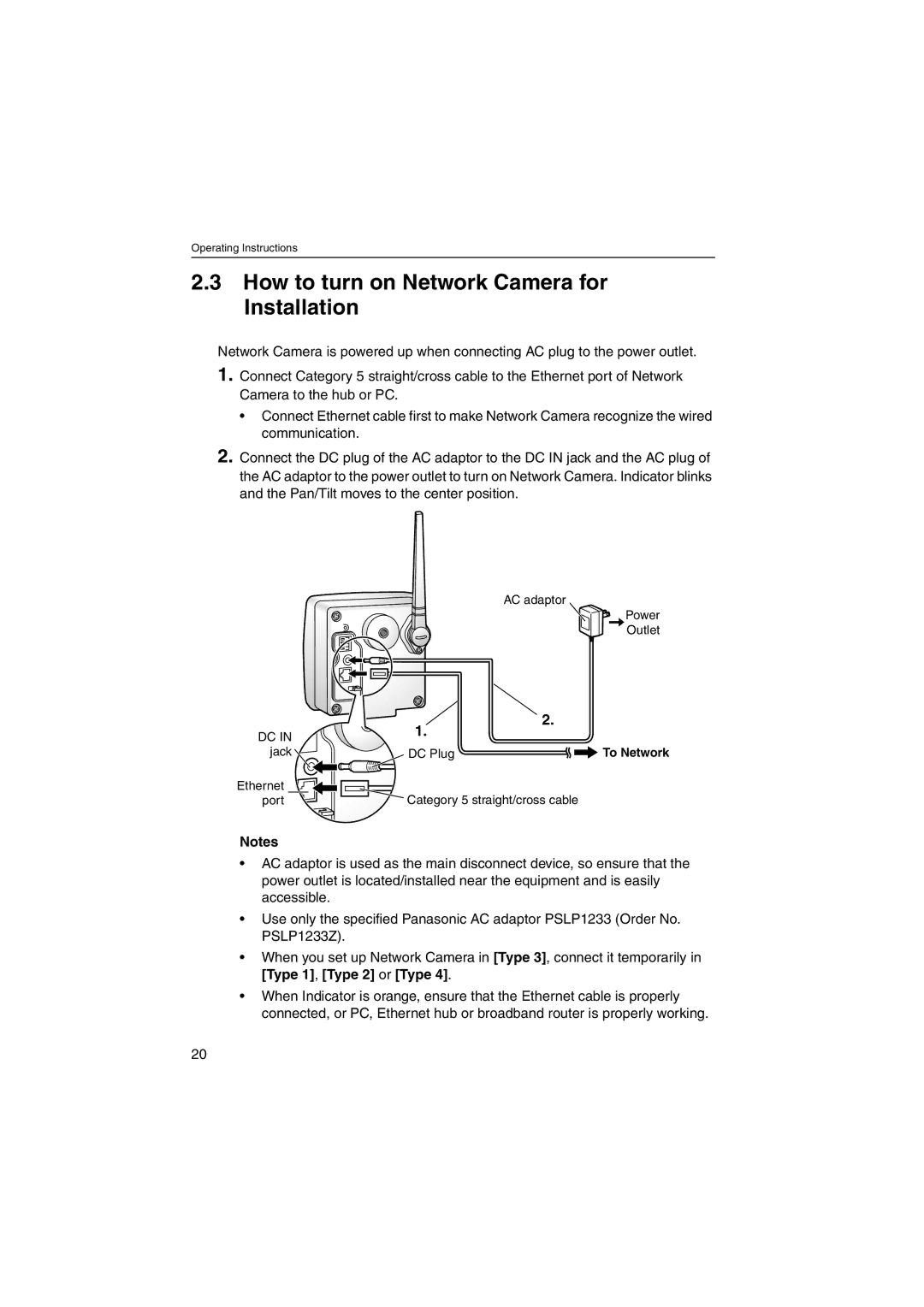 Panasonic KX-HCM250 operating instructions How to turn on Network Camera for Installation 