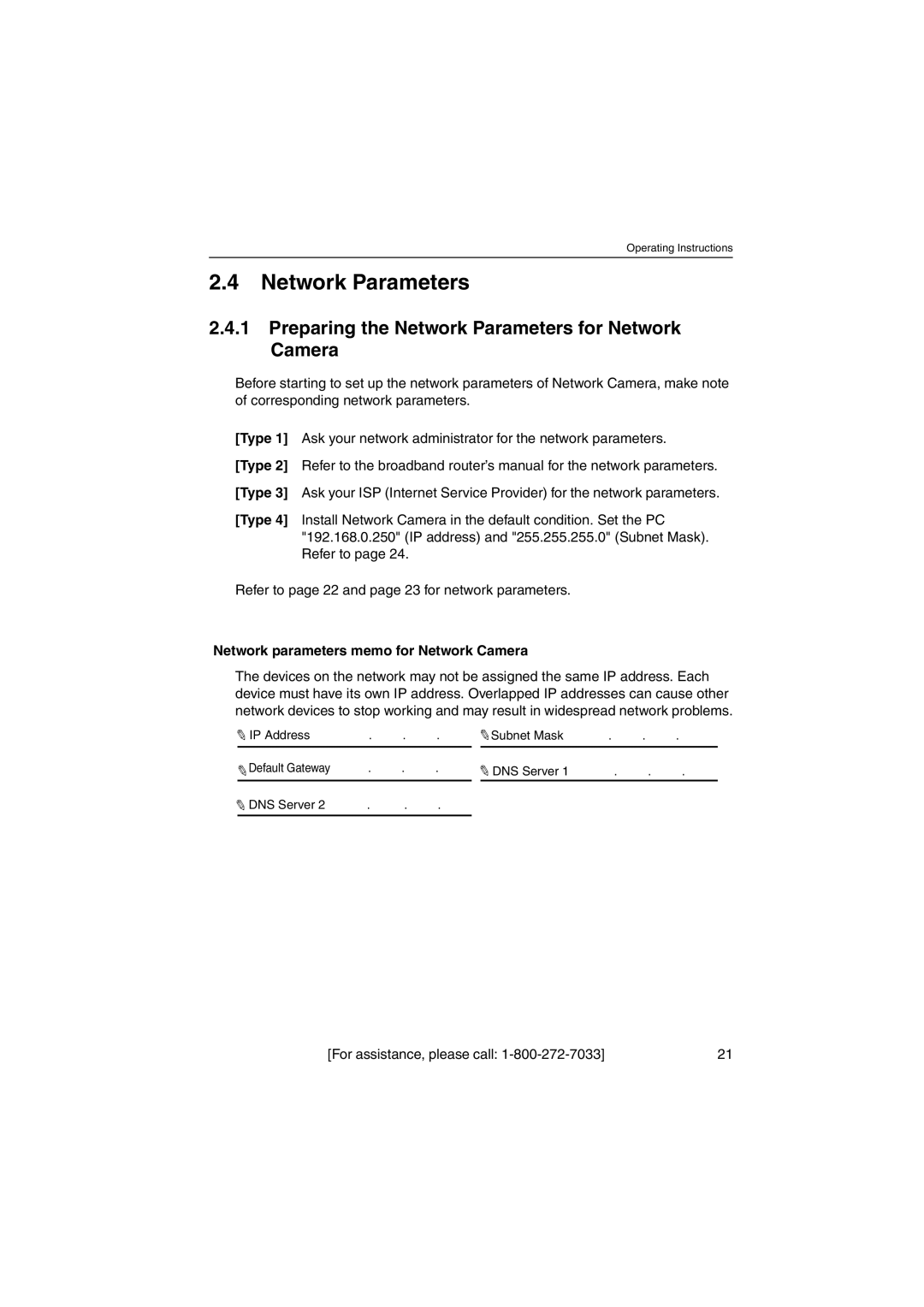 Panasonic KX-HCM250 Preparing the Network Parameters for Network Camera, Network parameters memo for Network Camera 