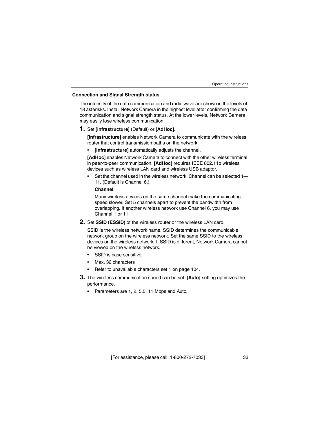 Panasonic KX-HCM250 Connection and Signal Strength status, Set Infrastructure Default or AdHoc, Channel 