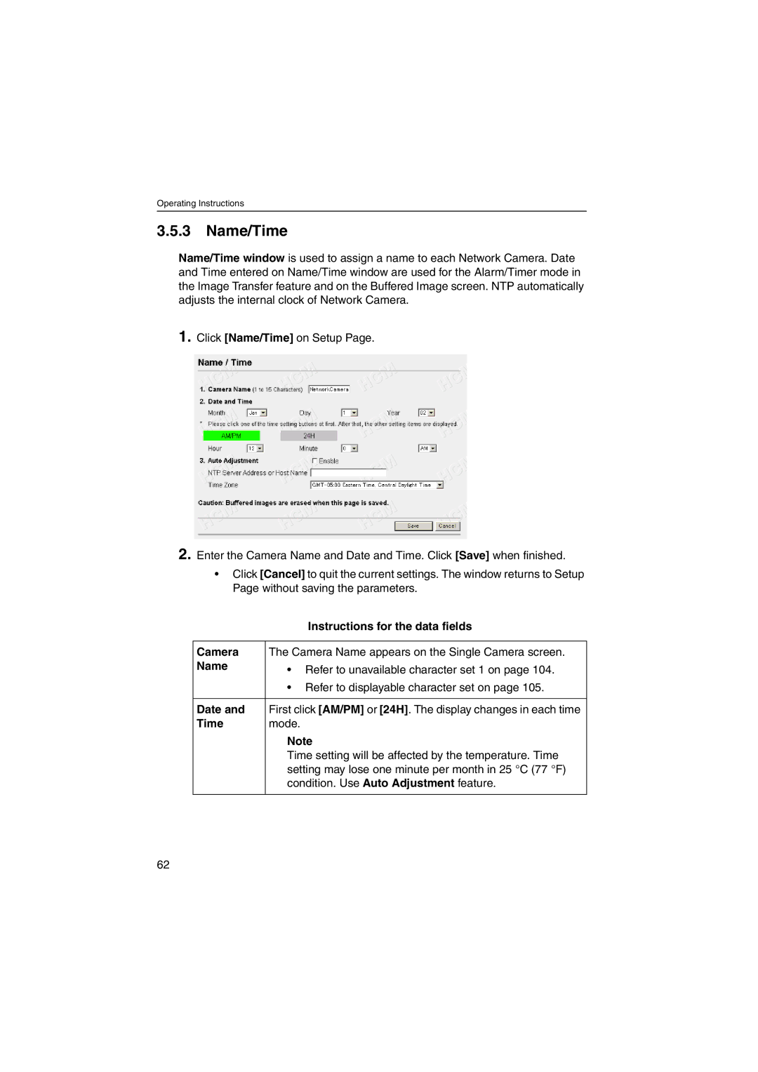 Panasonic KX-HCM250 operating instructions Name/Time, Camera, Date 