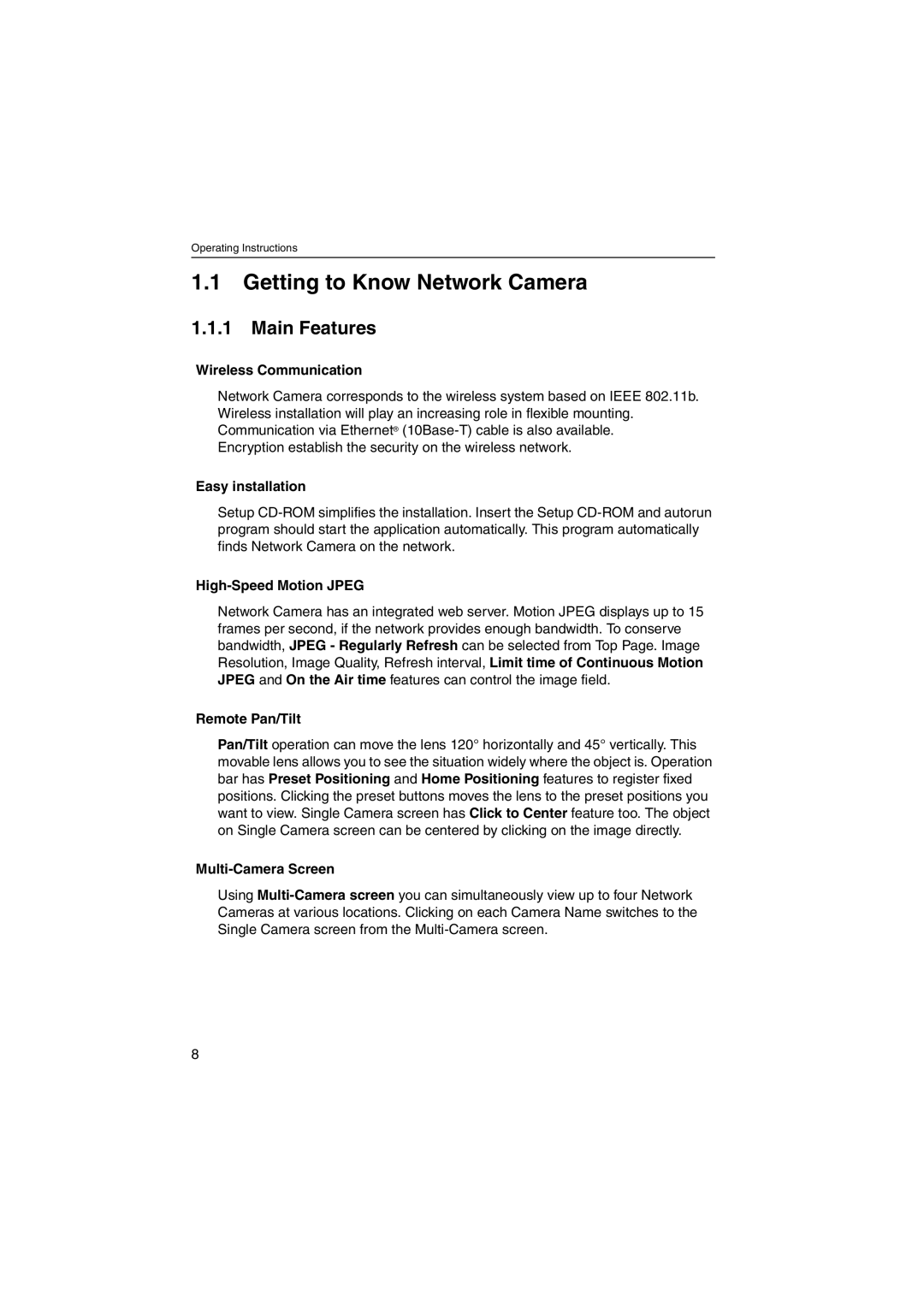 Panasonic KX-HCM250 operating instructions Getting to Know Network Camera, Main Features 