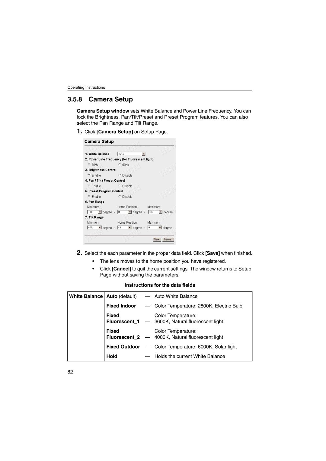 Panasonic KX-HCM250 operating instructions Camera Setup, Instructions for the data fields White Balance, Fixed Indoor, Hold 