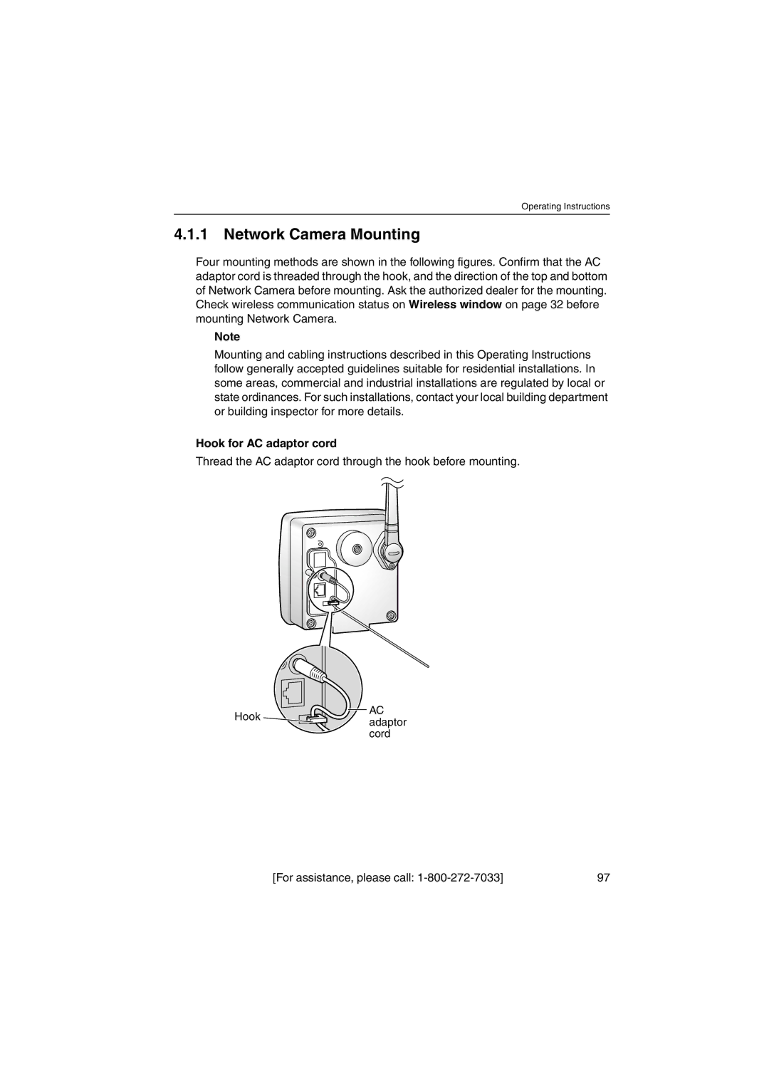 Panasonic KX-HCM250 operating instructions Network Camera Mounting, Hook for AC adaptor cord 