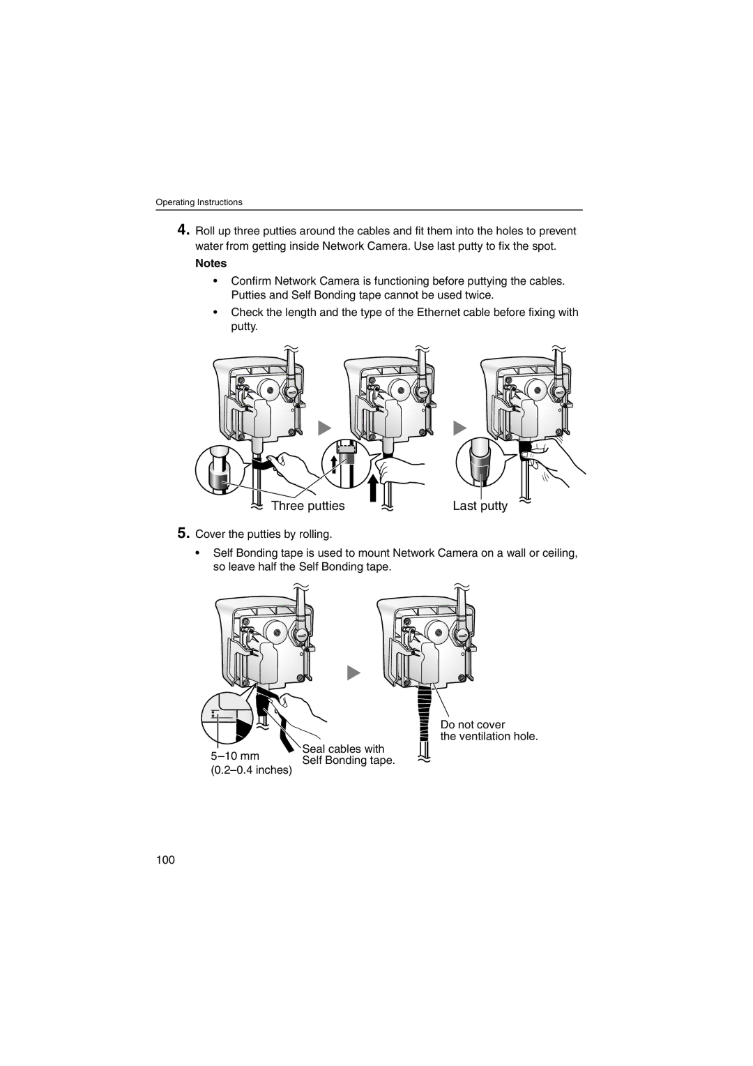 Panasonic KX-HCM270 operating instructions Cover the putties by rolling, Inches, Do not cover Ventilation hole 100 