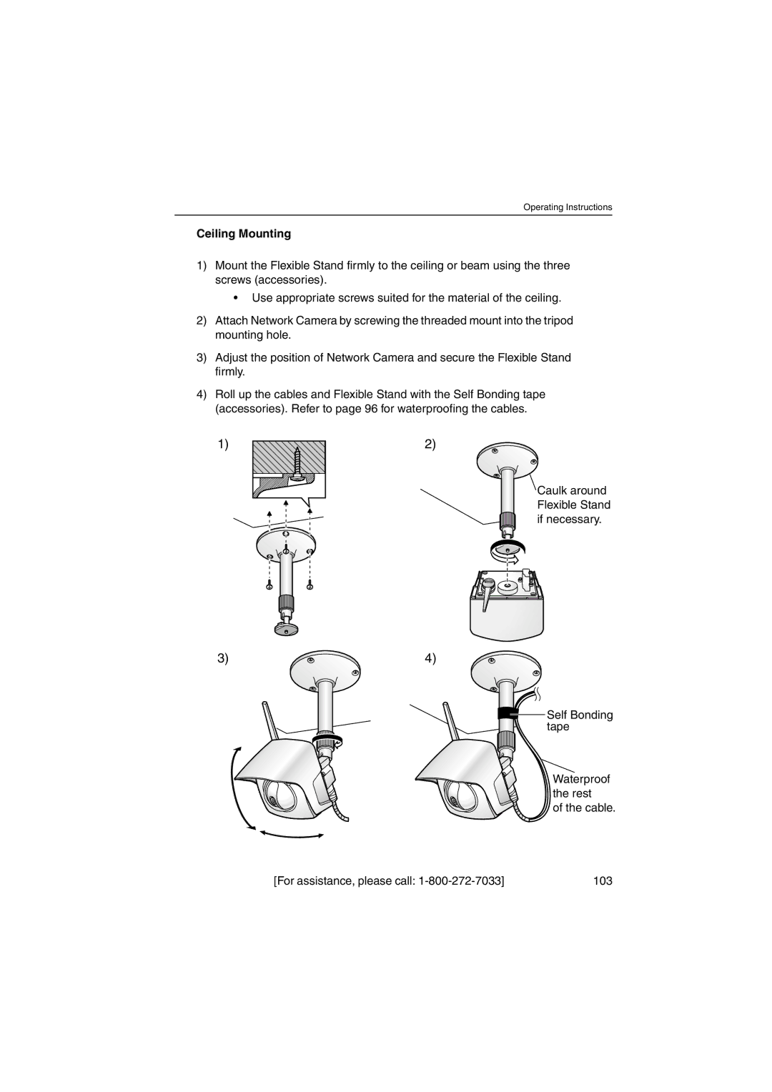 Panasonic KX-HCM270 operating instructions Ceiling Mounting, Caulk around Flexible Stand if necessary 