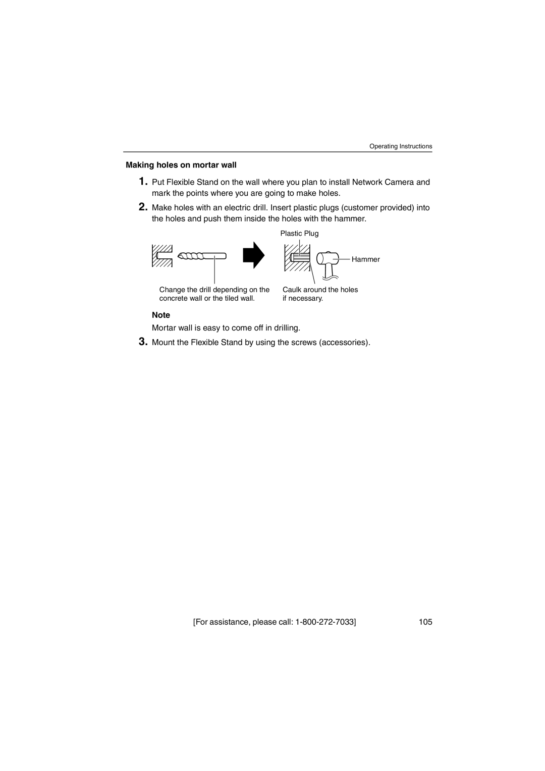 Panasonic KX-HCM270 operating instructions Making holes on mortar wall 