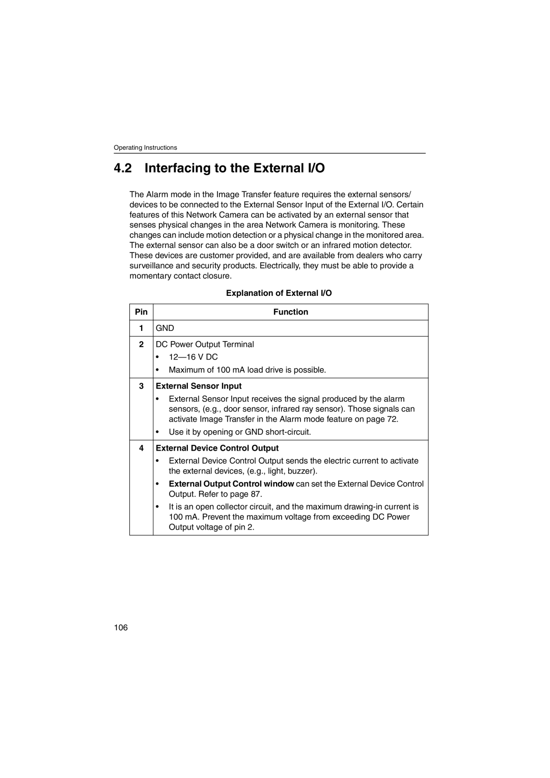 Panasonic KX-HCM270 Interfacing to the External I/O, Explanation of External I/O, Pin Function, External Sensor Input 