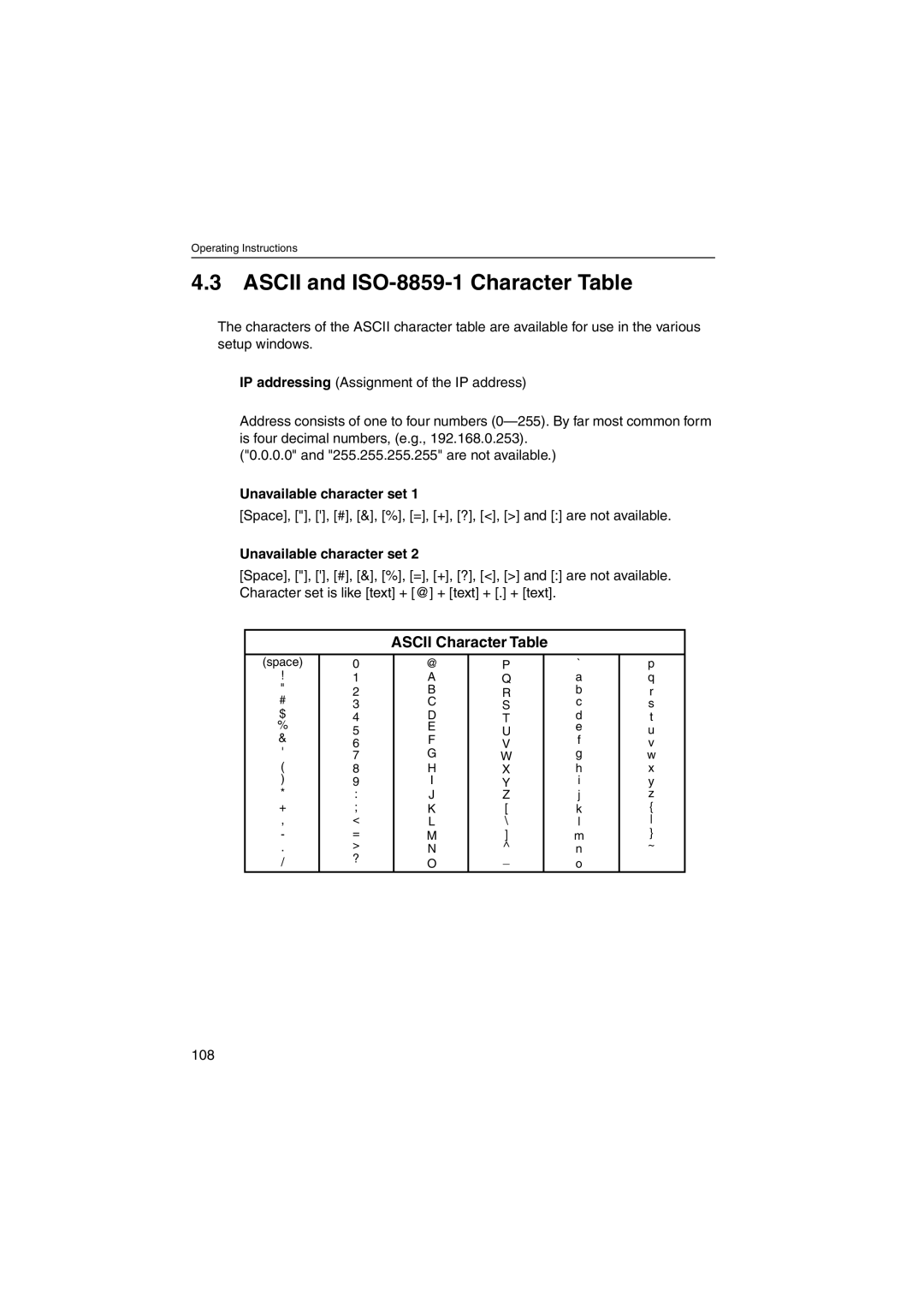 Panasonic KX-HCM270 operating instructions Ascii and ISO-8859-1 Character Table, Unavailable character set, 108 