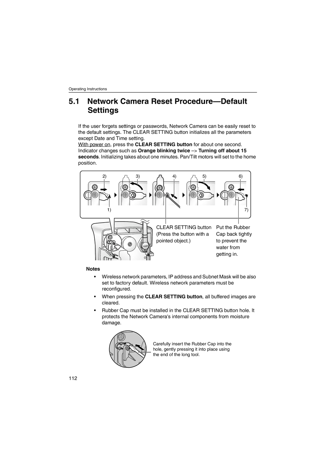 Panasonic KX-HCM270 operating instructions Network Camera Reset Procedure-Default Settings, 112 