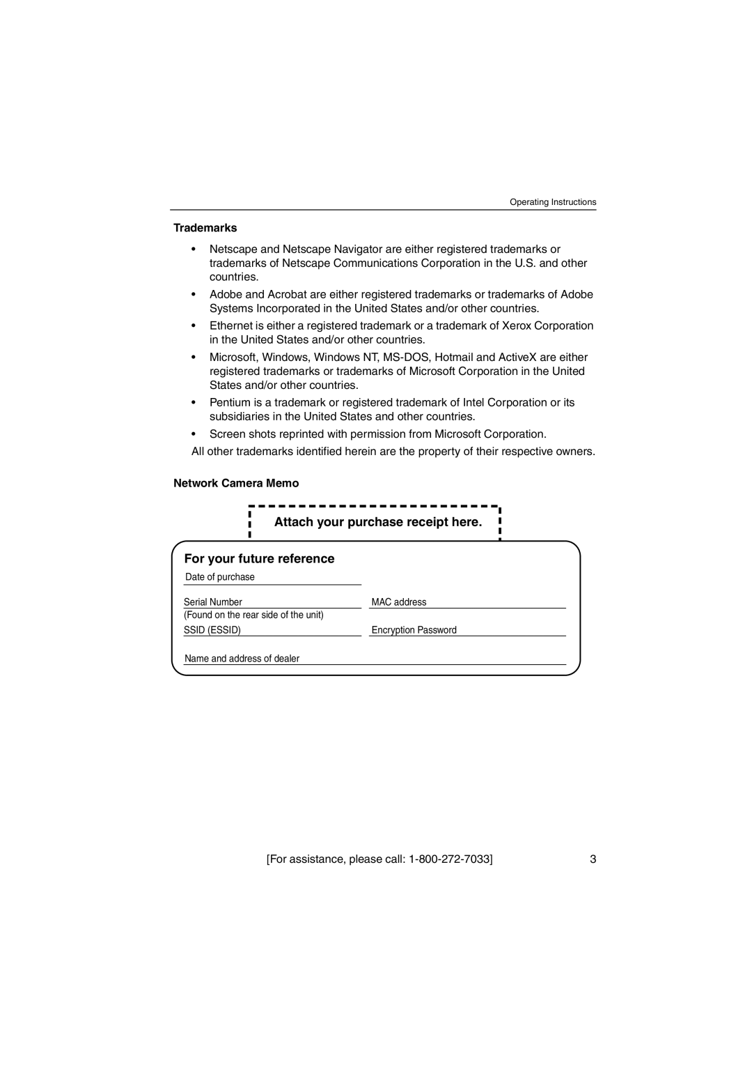 Panasonic KX-HCM270 operating instructions Trademarks, Network Camera Memo, For assistance, please call 