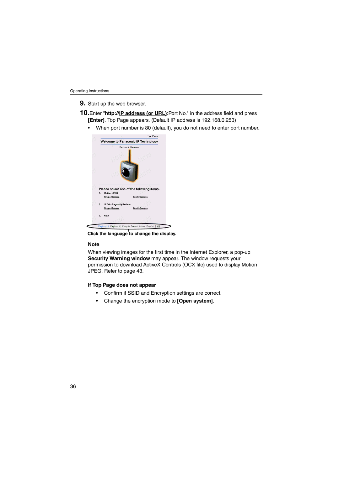 Panasonic KX-HCM270 operating instructions If Top Page does not appear 