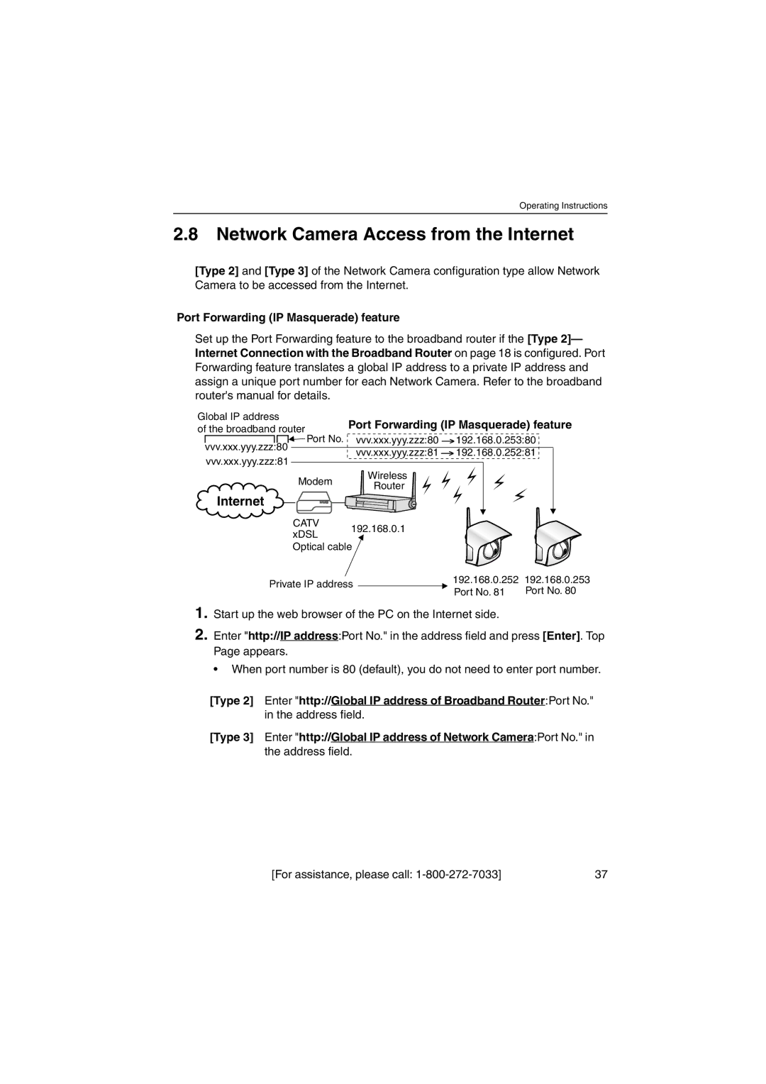 Panasonic KX-HCM270 operating instructions Network Camera Access from the Internet, Port Forwarding IP Masquerade feature 