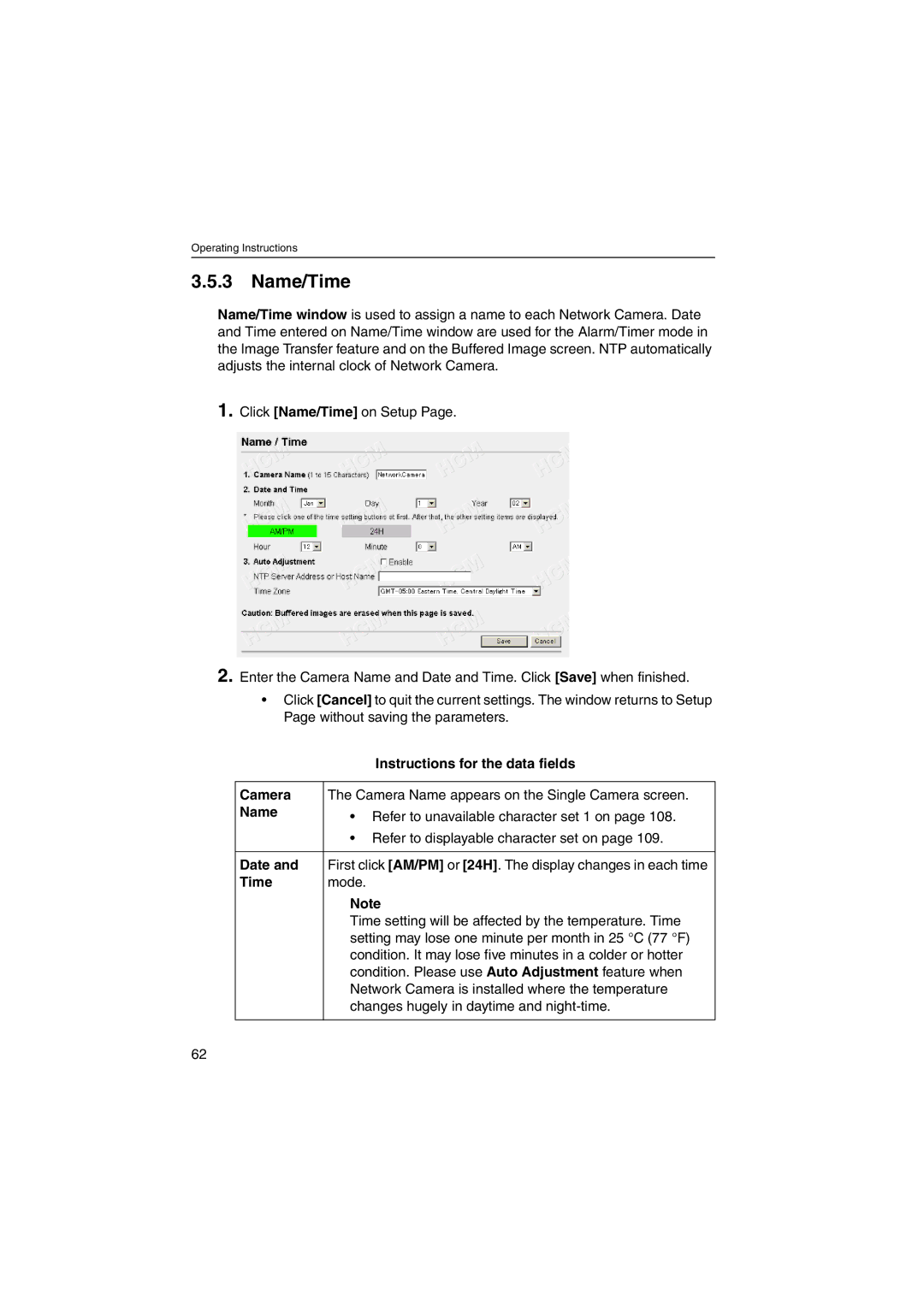 Panasonic KX-HCM270 operating instructions Name/Time, Camera, Date 