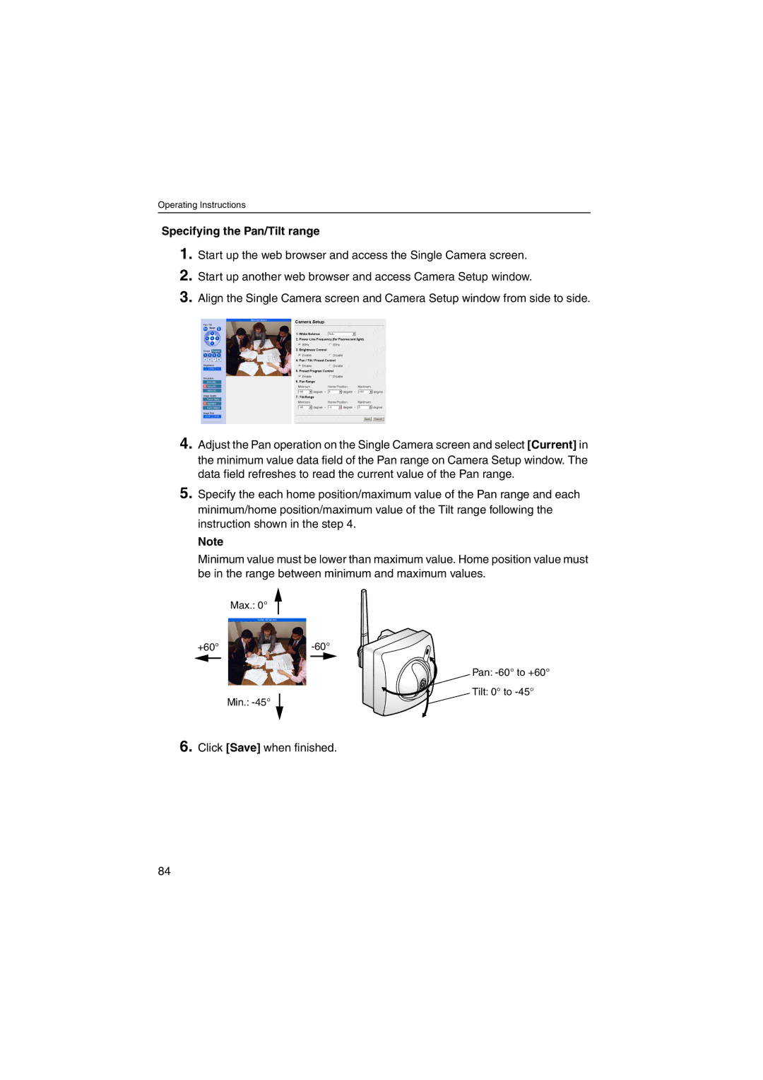 Panasonic KX-HCM270 operating instructions Specifying the Pan/Tilt range, Click Save when finished 