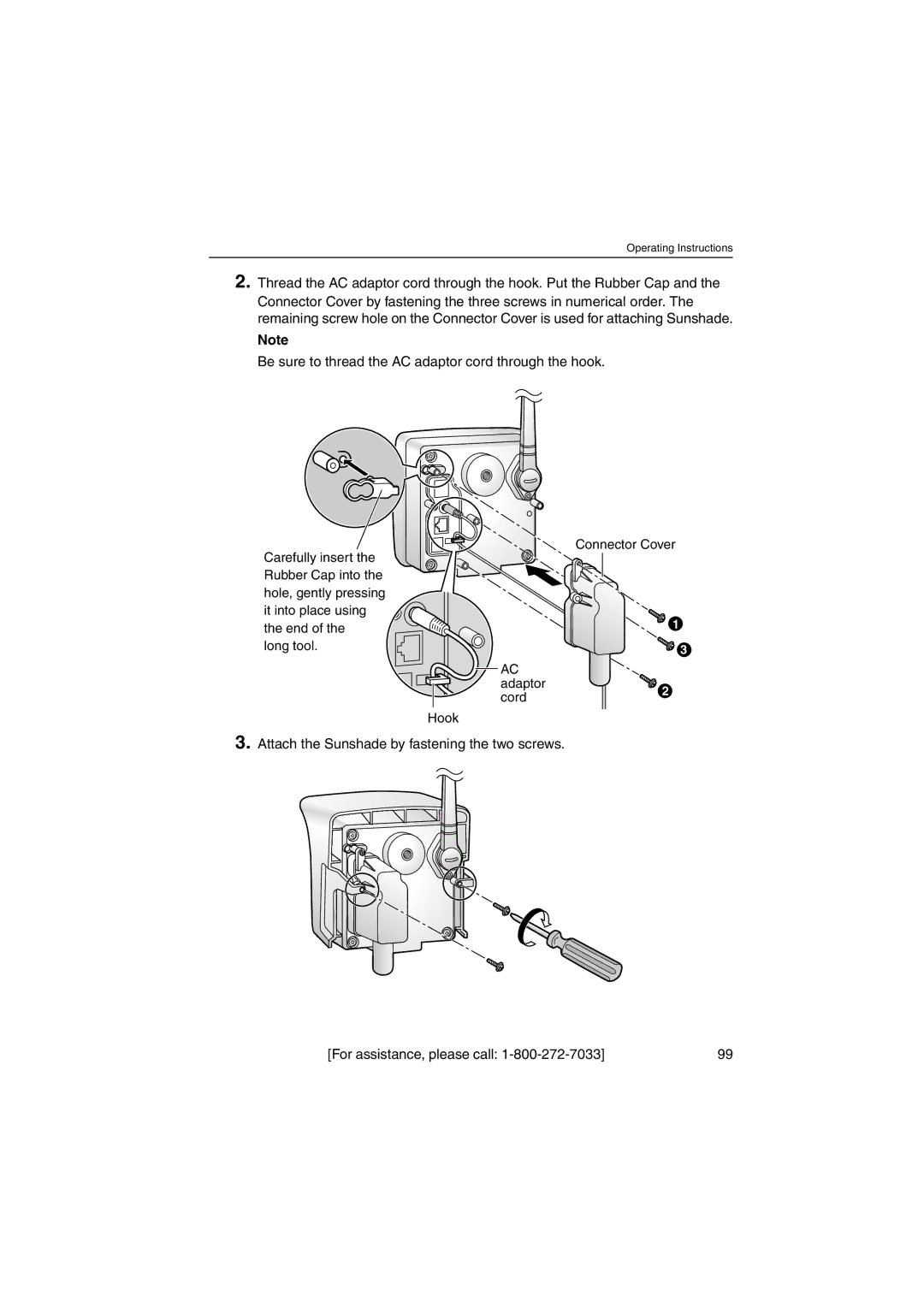 Panasonic KX-HCM270 operating instructions Be sure to thread the AC adaptor cord through the hook 