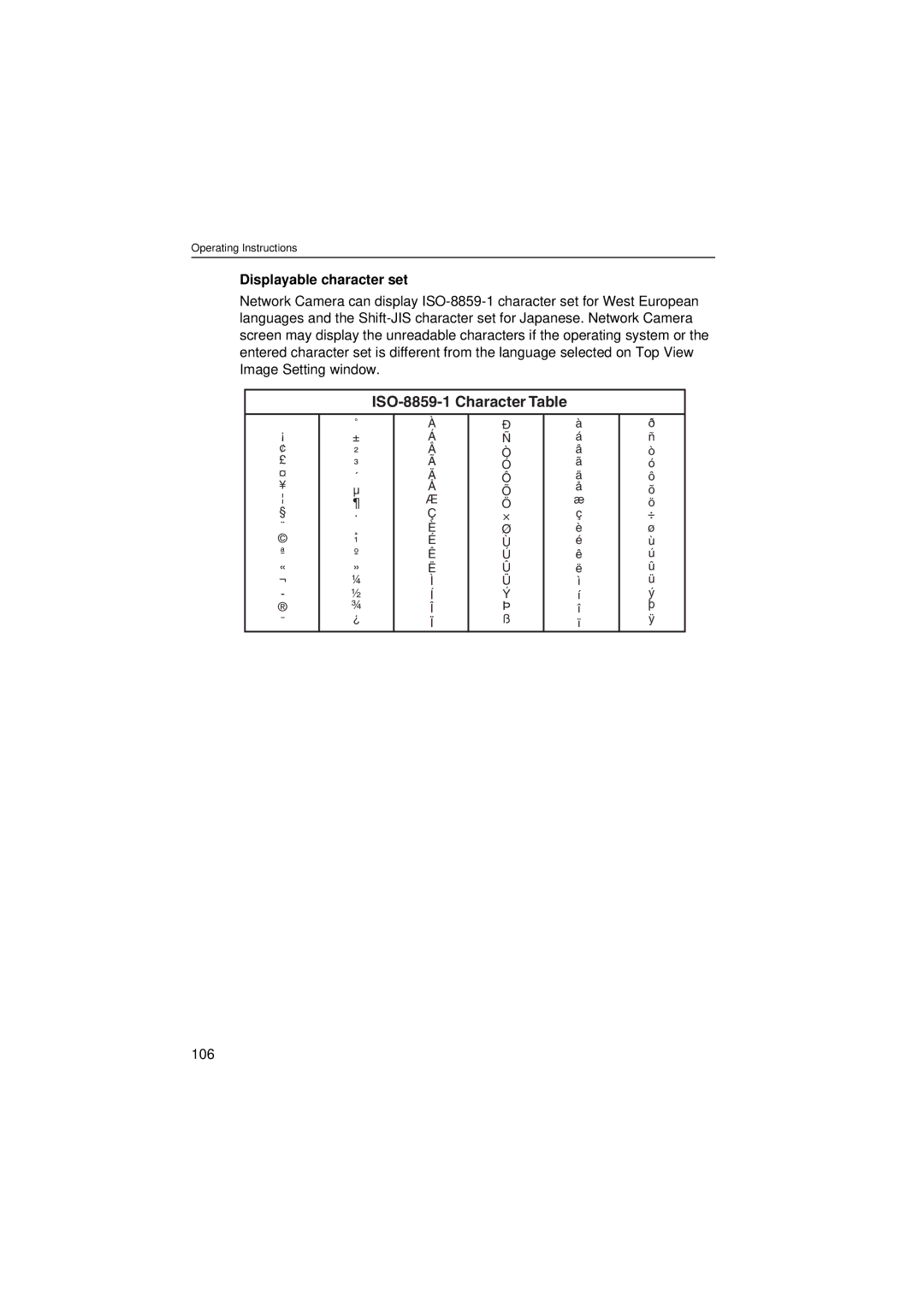 Panasonic KX-HCM280 operating instructions Displayable character set, 106 