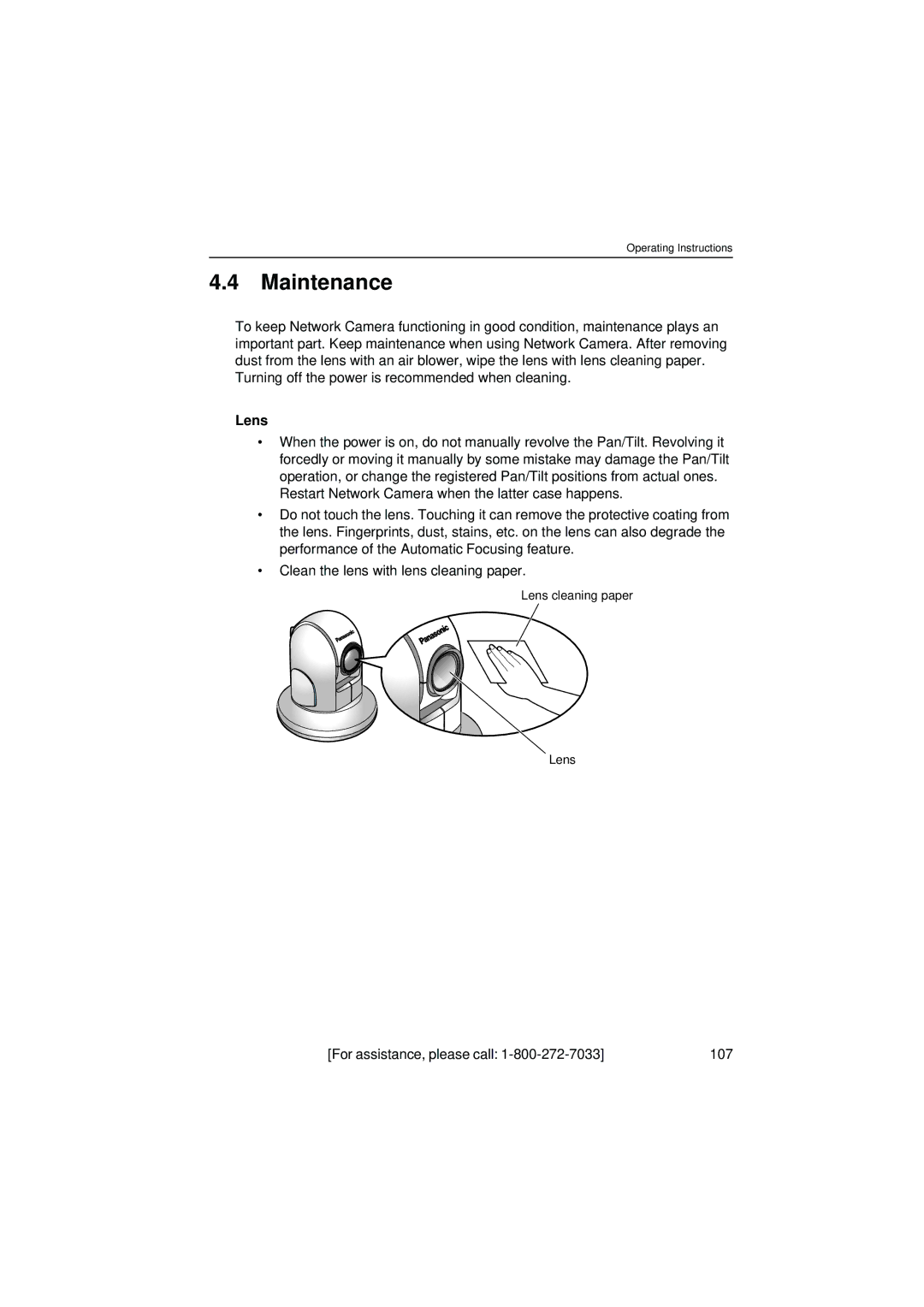 Panasonic KX-HCM280 operating instructions Maintenance, Lens, For assistance, please call 107 