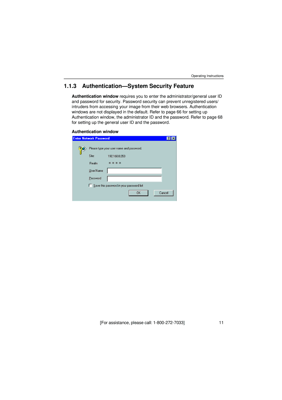 Panasonic KX-HCM280 operating instructions Authentication-System Security Feature, Authentication window 