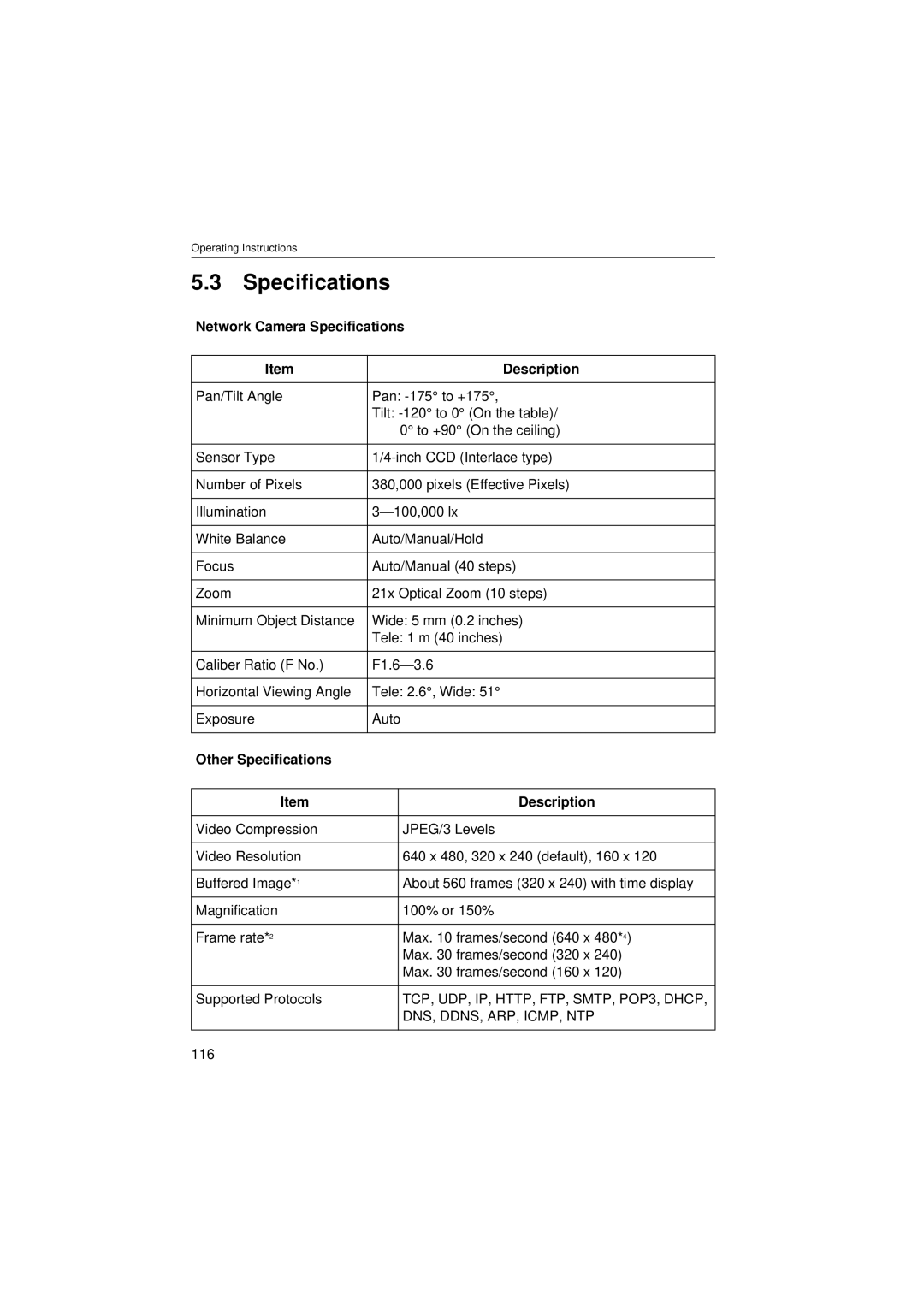 Panasonic KX-HCM280 Network Camera Specifications Description, Other Specifications Description, 116 