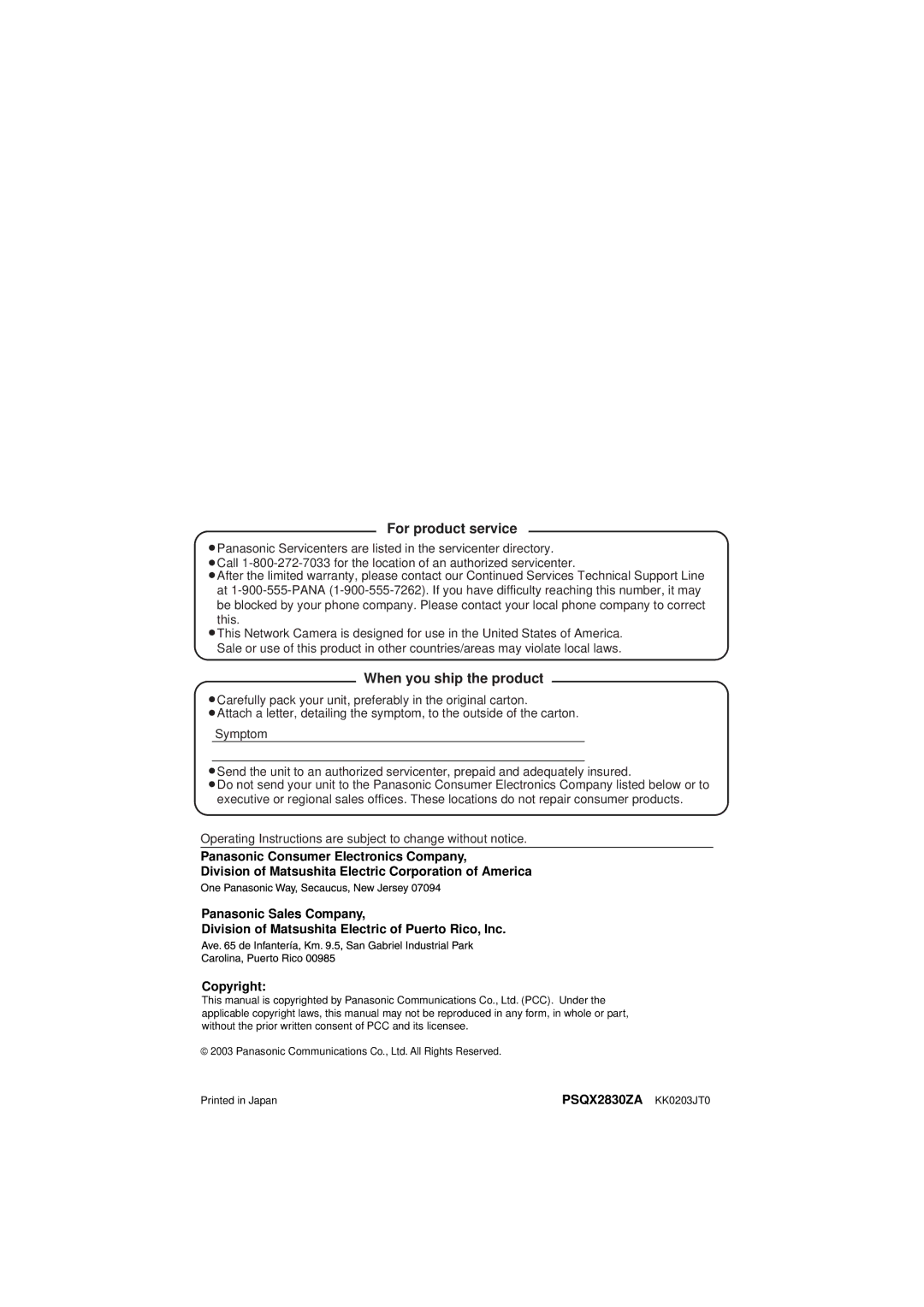 Panasonic KX-HCM280 operating instructions For product service, When you ship the product 