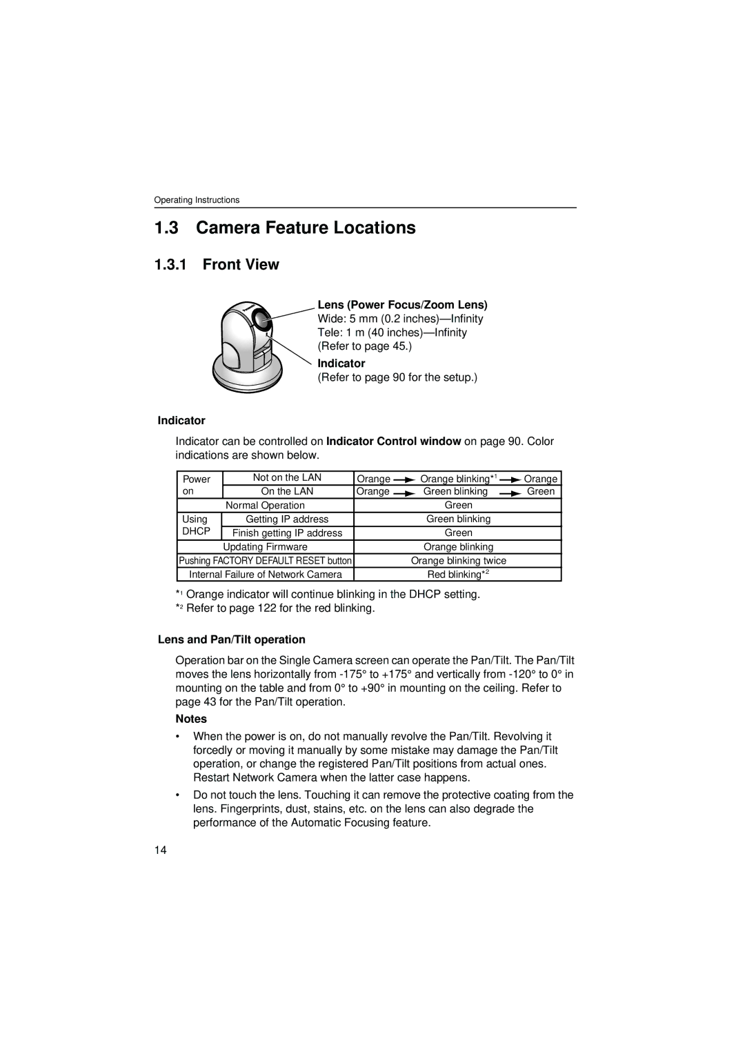 Panasonic KX-HCM280 operating instructions Camera Feature Locations, Front View, Lens Power Focus/Zoom Lens, Indicator 