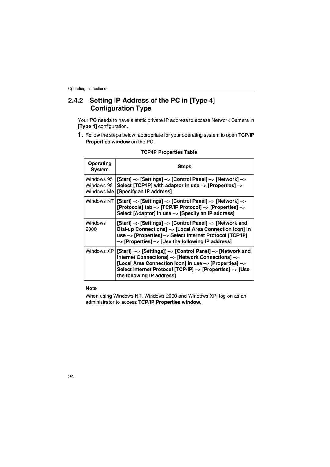 Panasonic KX-HCM280 operating instructions Setting IP Address of the PC in Type 4 Configuration Type 