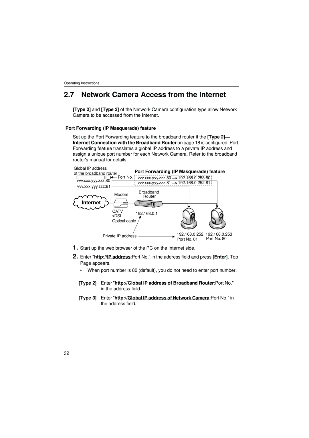 Panasonic KX-HCM280 operating instructions Network Camera Access from the Internet, Port Forwarding IP Masquerade feature 