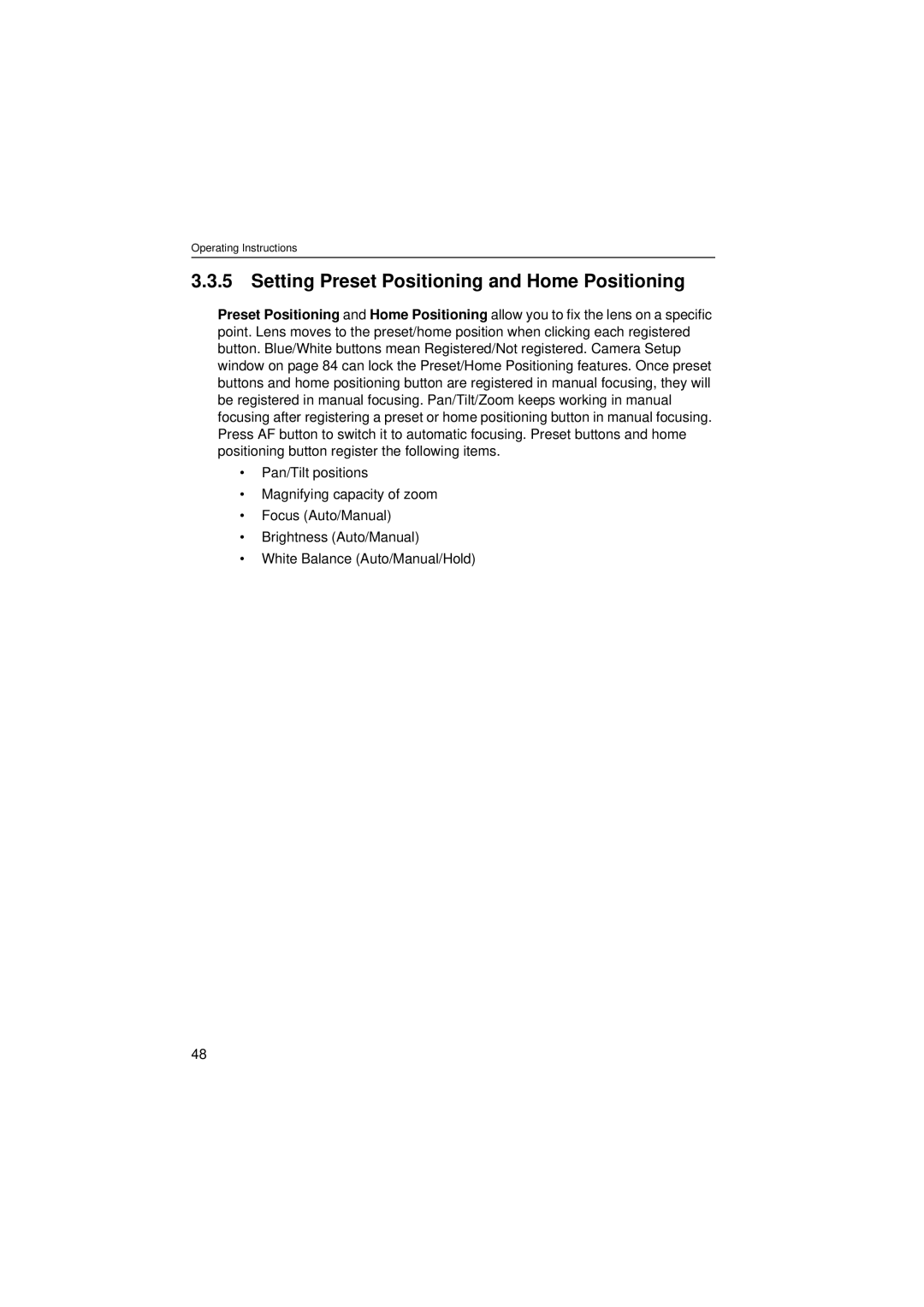 Panasonic KX-HCM280 operating instructions Setting Preset Positioning and Home Positioning 