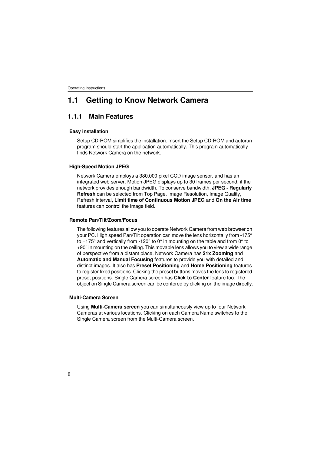 Panasonic KX-HCM280 operating instructions Getting to Know Network Camera, Main Features 