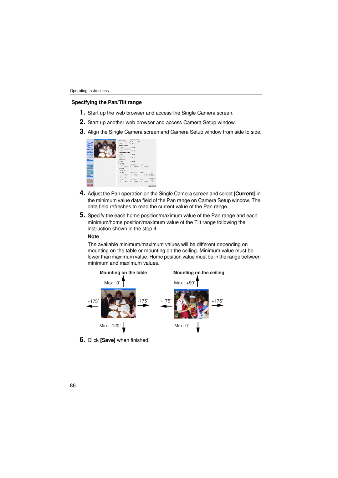 Panasonic KX-HCM280 operating instructions Specifying the Pan/Tilt range, Click Save when finished 