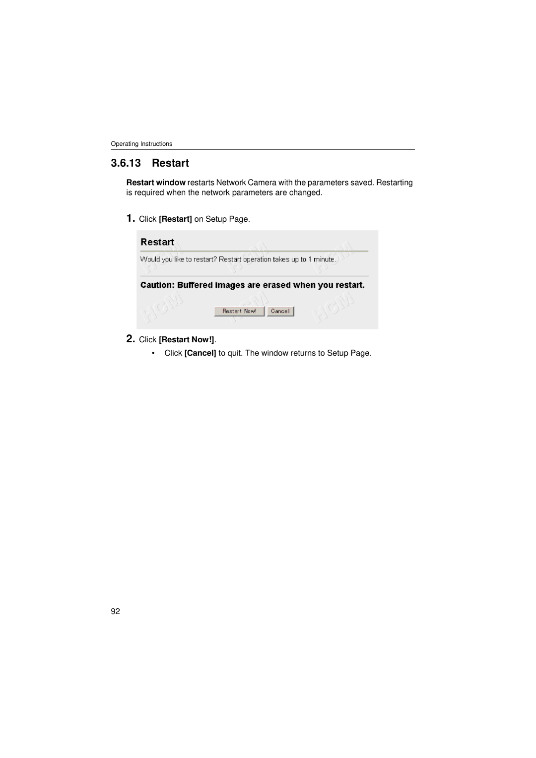 Panasonic KX-HCM280 operating instructions Click Restart Now, Click Cancel to quit. The window returns to Setup 