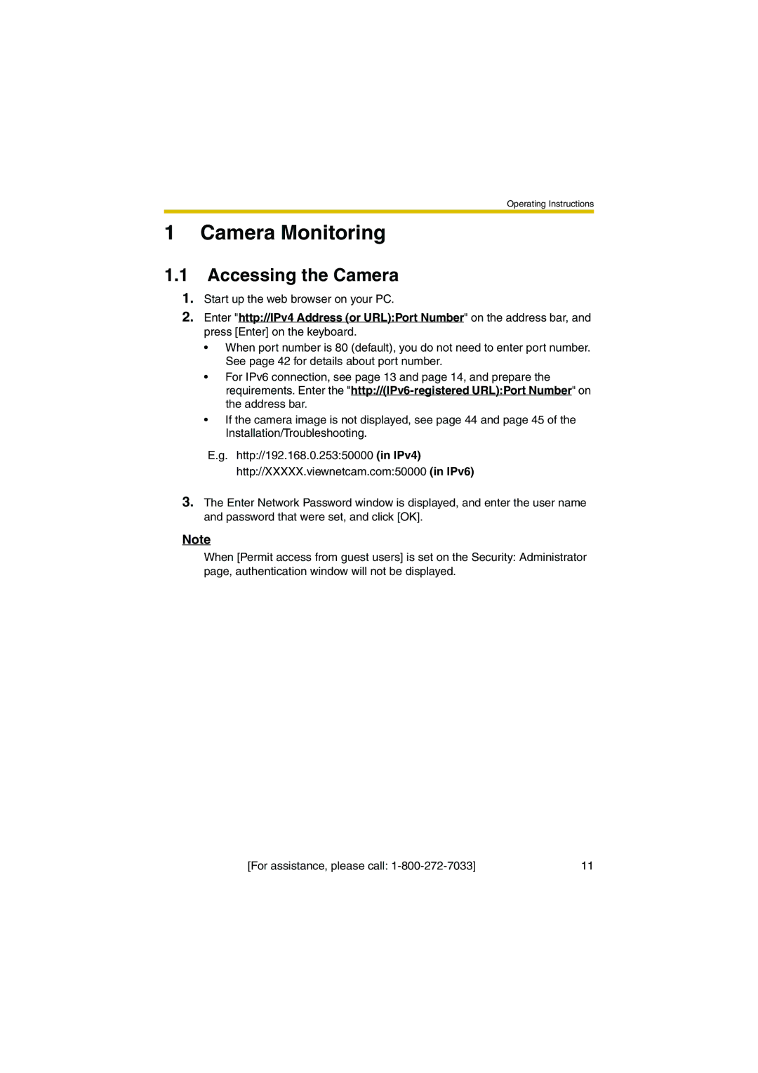 Panasonic KX-HCM280A operating instructions Camera Monitoring, Accessing the Camera 