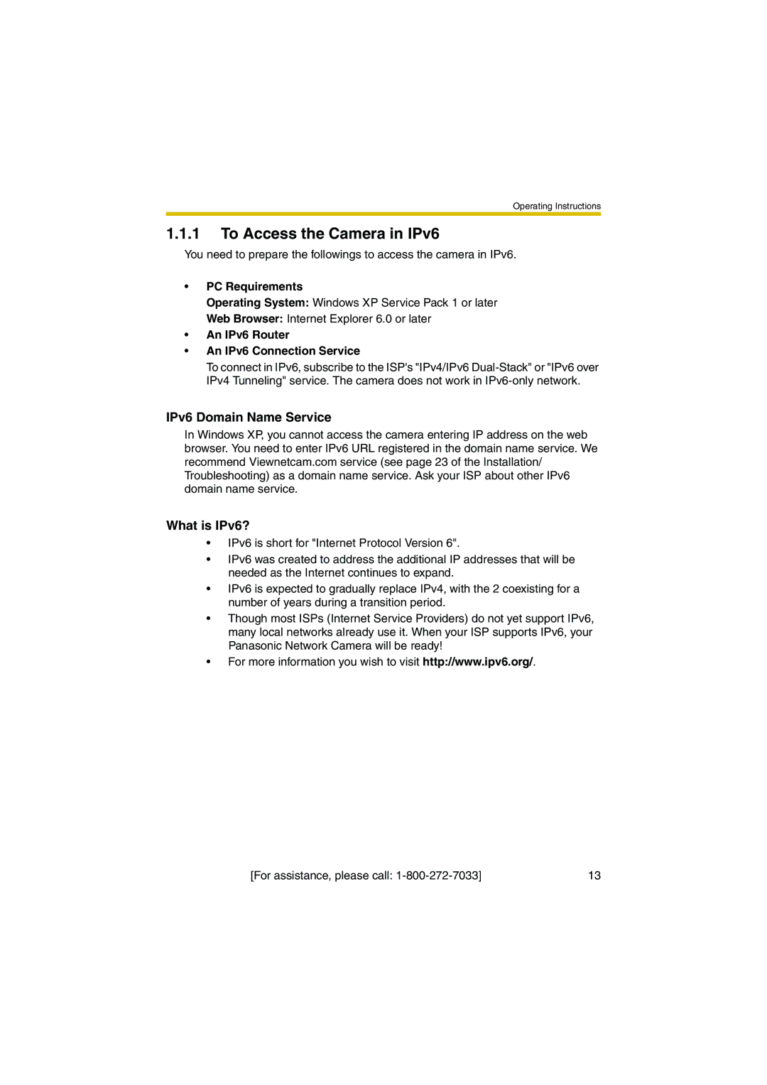 Panasonic KX-HCM280A To Access the Camera in IPv6, PC Requirements, An IPv6 Router An IPv6 Connection Service 