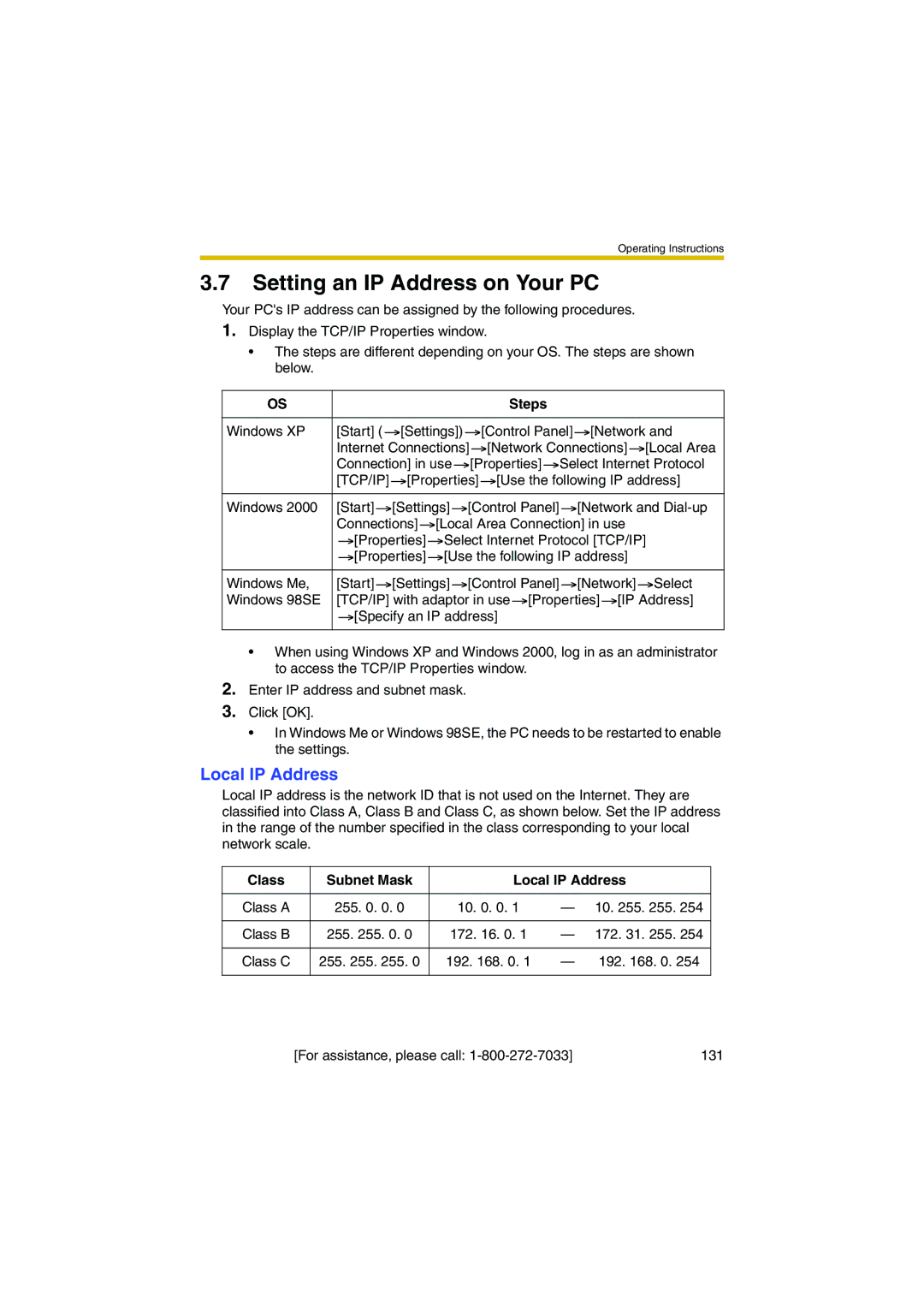 Panasonic KX-HCM280A operating instructions Setting an IP Address on Your PC, Steps, Class Subnet Mask Local IP Address 