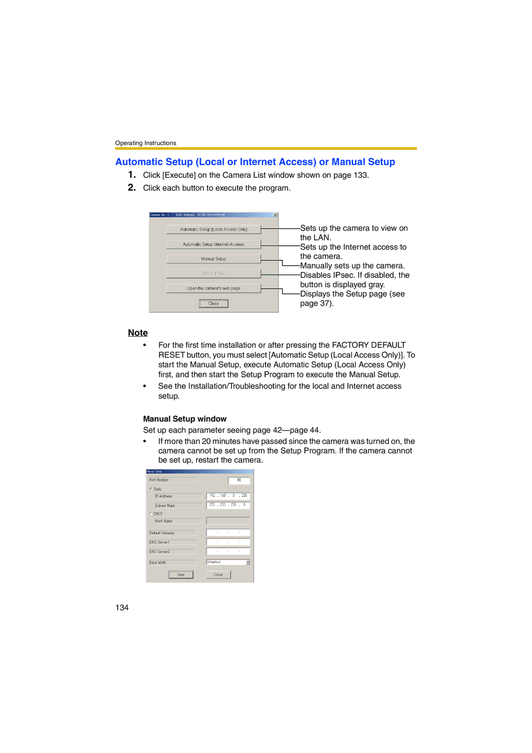 Panasonic KX-HCM280A operating instructions Automatic Setup Local or Internet Access or Manual Setup, Manual Setup window 