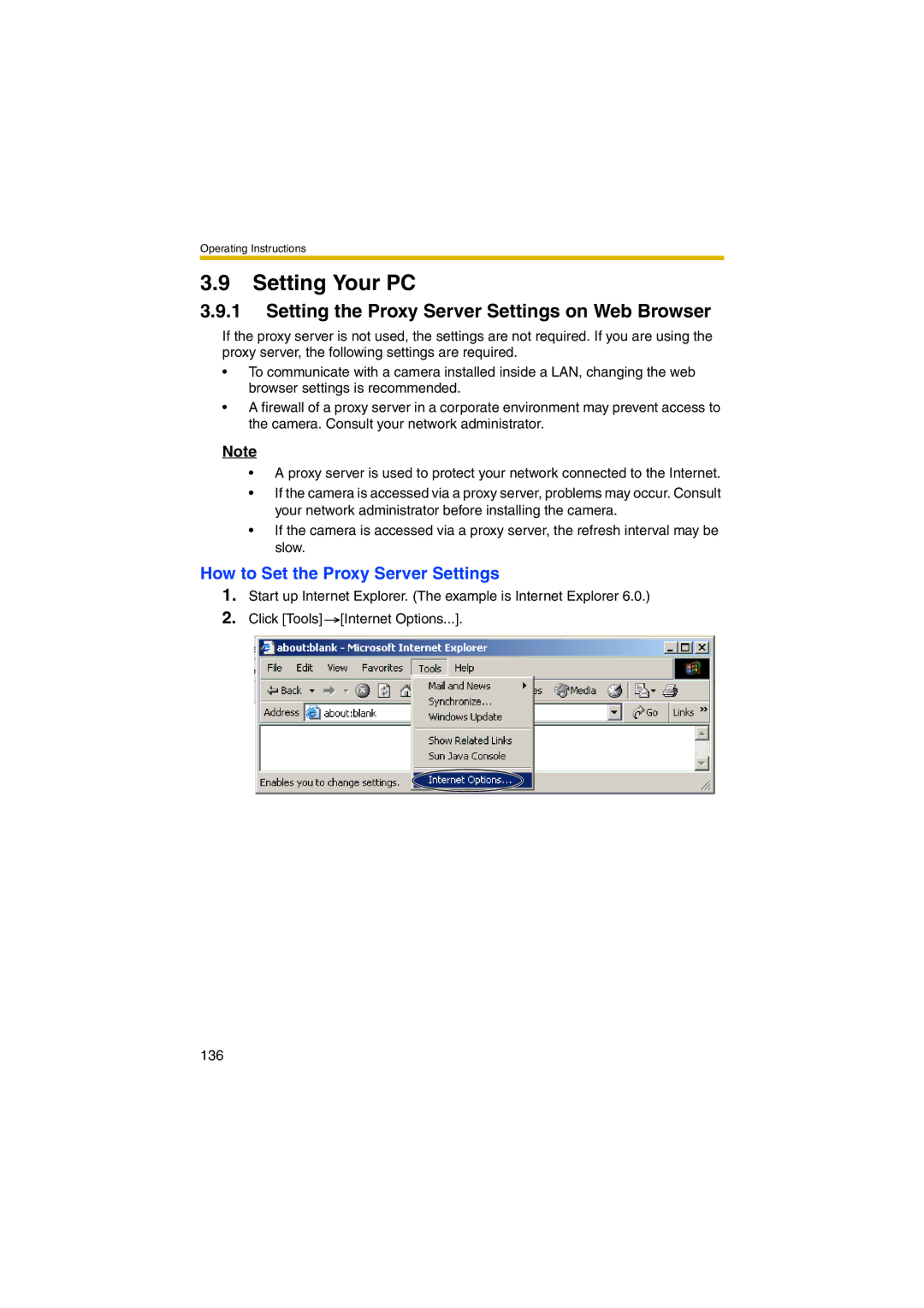 Panasonic KX-HCM280A operating instructions Setting Your PC, Setting the Proxy Server Settings on Web Browser 