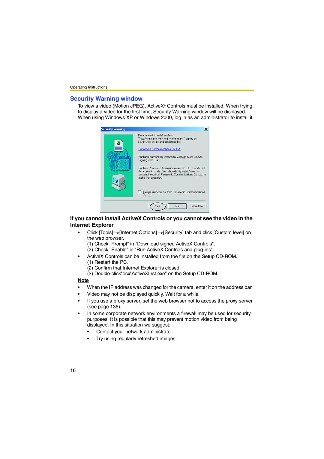 Panasonic KX-HCM280A operating instructions Security Warning window 