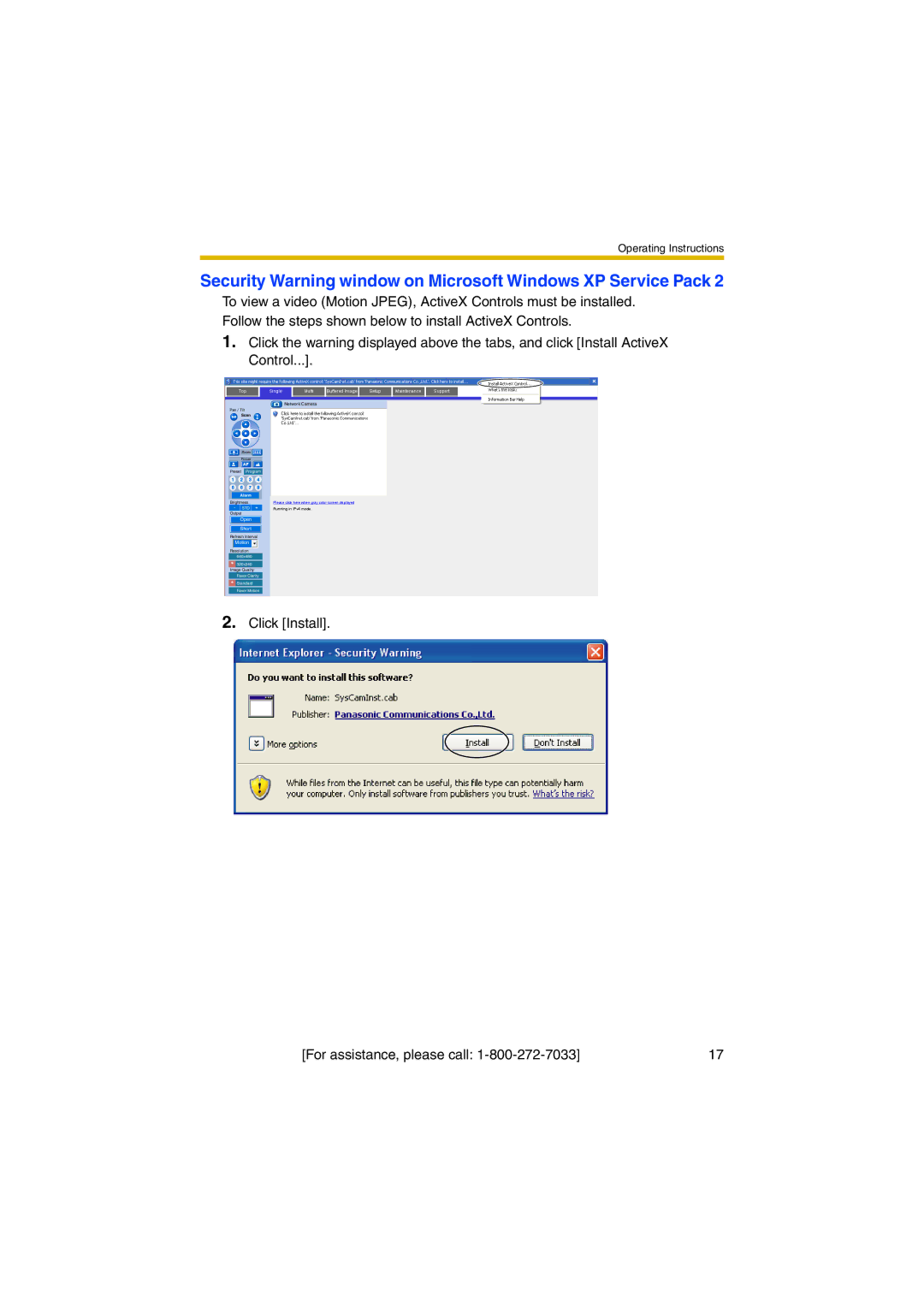 Panasonic KX-HCM280A operating instructions Security Warning window on Microsoft Windows XP Service Pack 