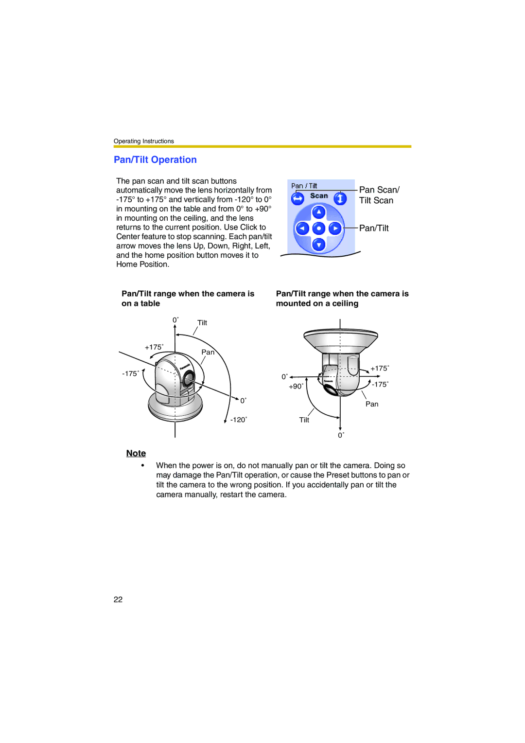 Panasonic KX-HCM280A operating instructions Pan/Tilt Operation, Pan Scan Tilt Scan Pan/Tilt 