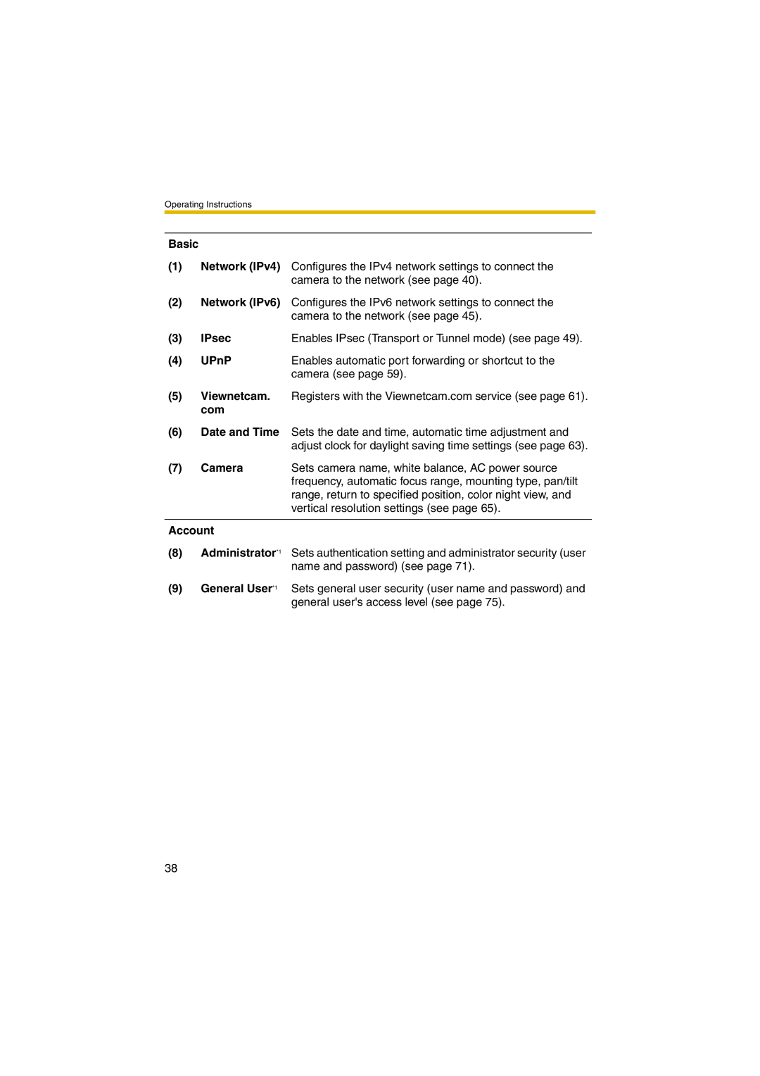 Panasonic KX-HCM280A Basic, IPsec, Name and password see, General User*1, General users access level see 