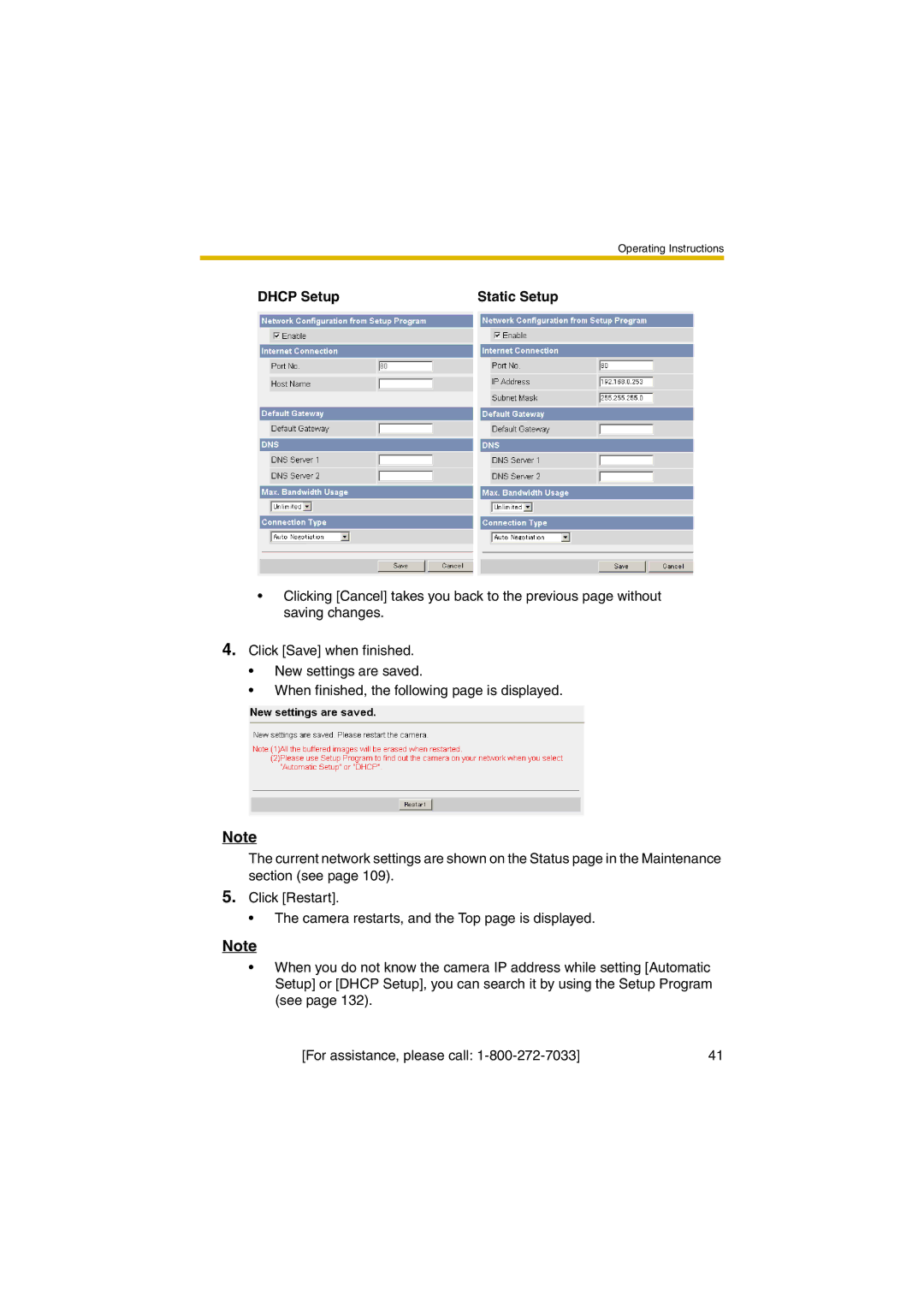 Panasonic KX-HCM280A operating instructions Dhcp Setup Static Setup 