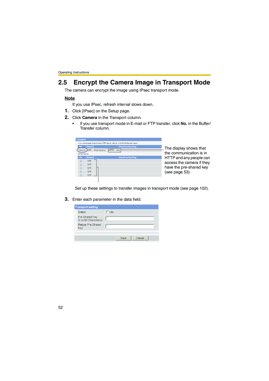 Panasonic KX-HCM280A operating instructions Encrypt the Camera Image in Transport Mode 