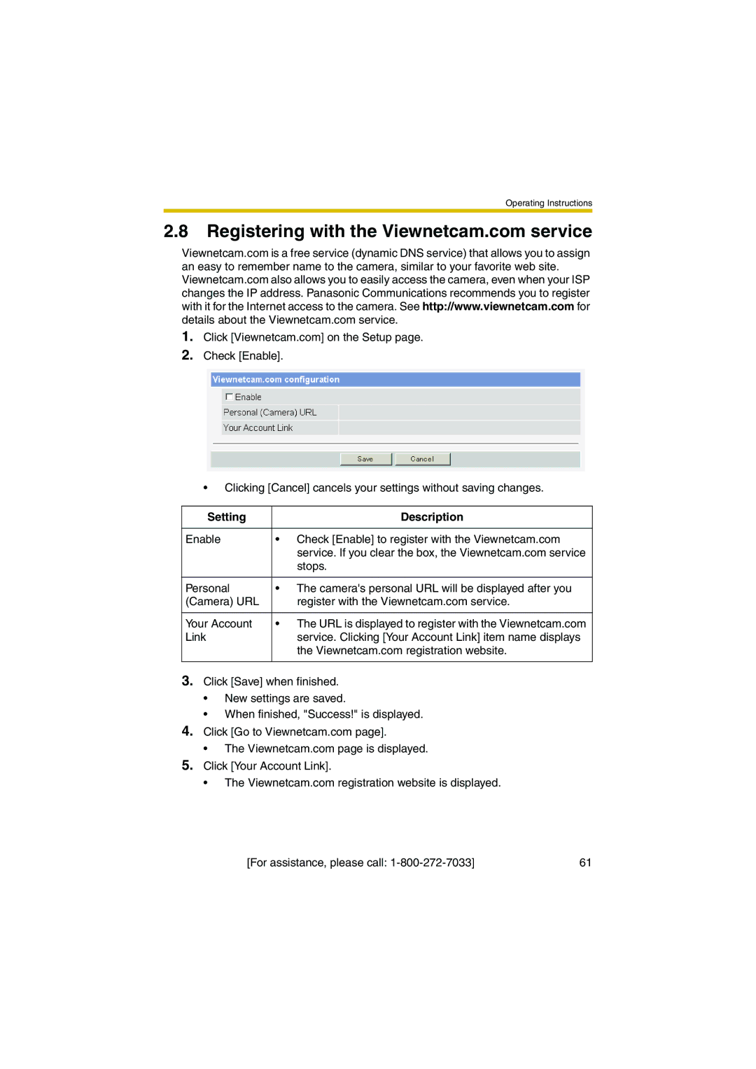 Panasonic KX-HCM280A operating instructions Setting Description 