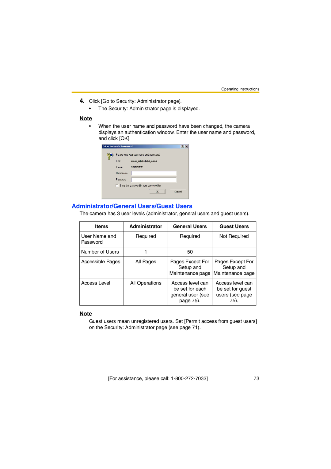 Panasonic KX-HCM280A Administrator/General Users/Guest Users, Items Administrator General Users Guest Users 